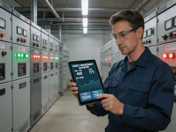 Engineer monitoring energy data on tablet